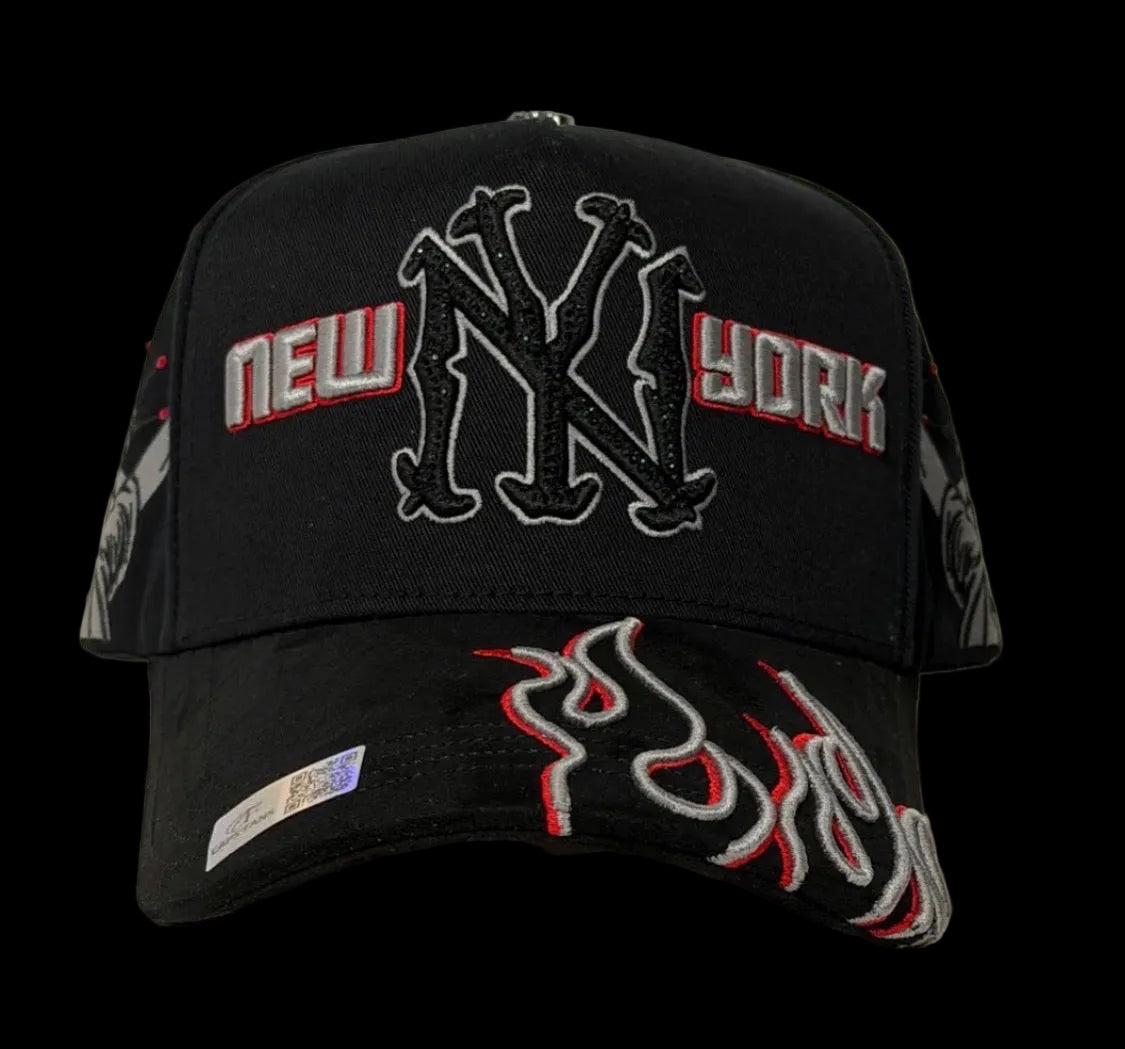 Cap Fan NY red and gray flames and cristals